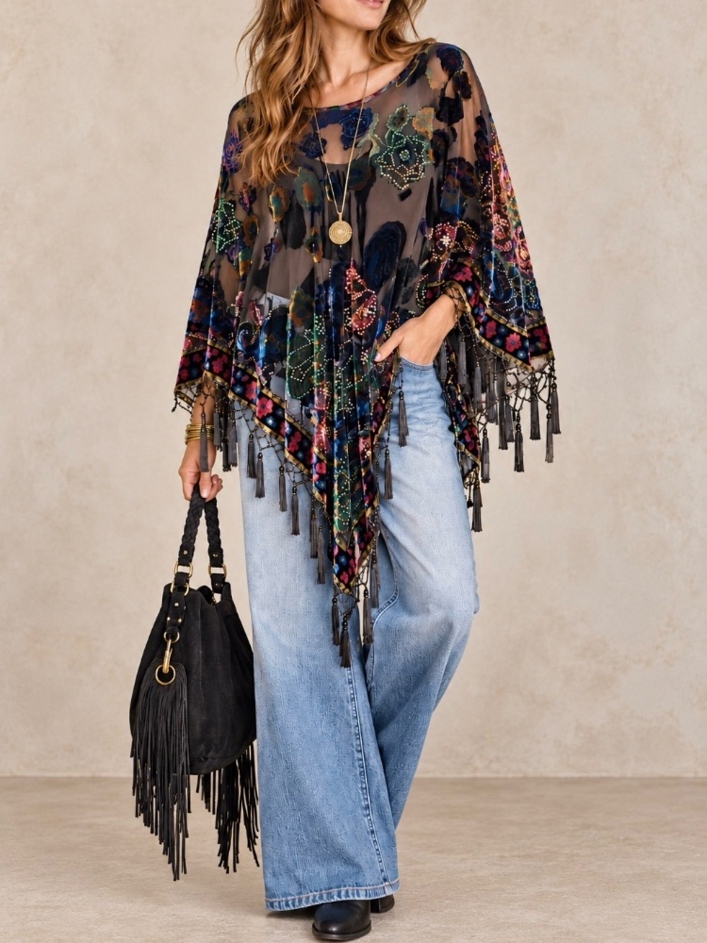 Coldwater Creek Silk Velvet Beaded Tassel Fringe Cape Poncho